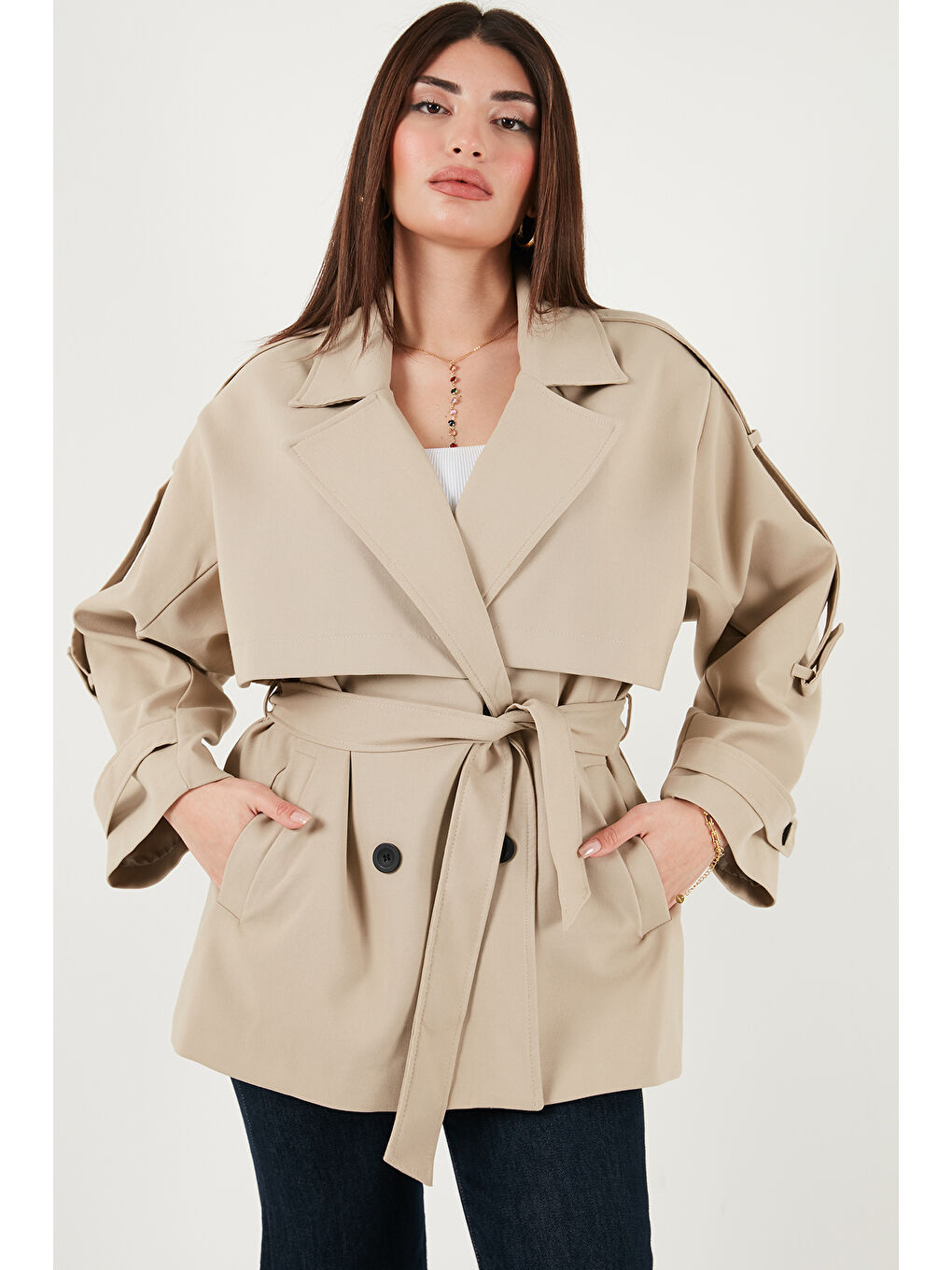 Kahverengi Relaxed Fit Kruvaze Yaka Düğmeli Astarlı Trençkot 6839580-2