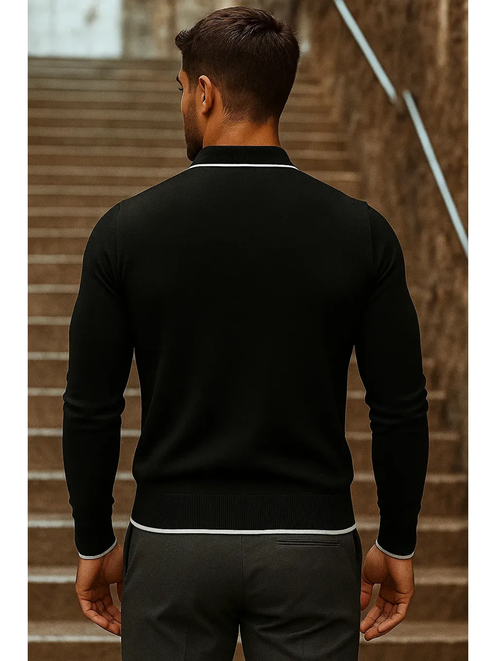 Erkek Trend Fermuarlı Uzun Kollu Siyah Polo Yaka Kazak-5