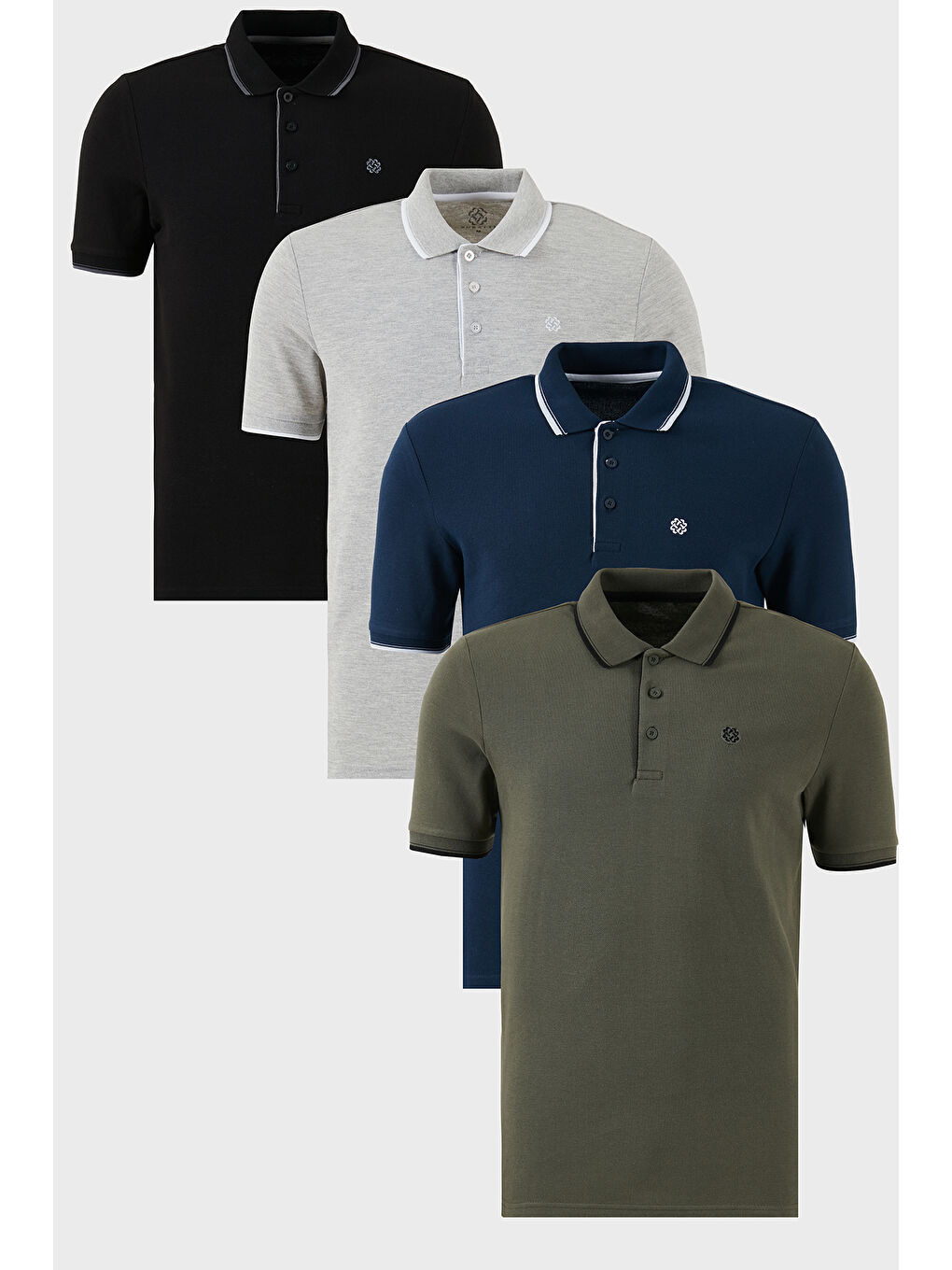 Gri Pamuklu Slim Fit Şerit Detaylı Düğmeli Polo Yaka 4'lü Paket %100 Pamuk Tişört 5902118S4