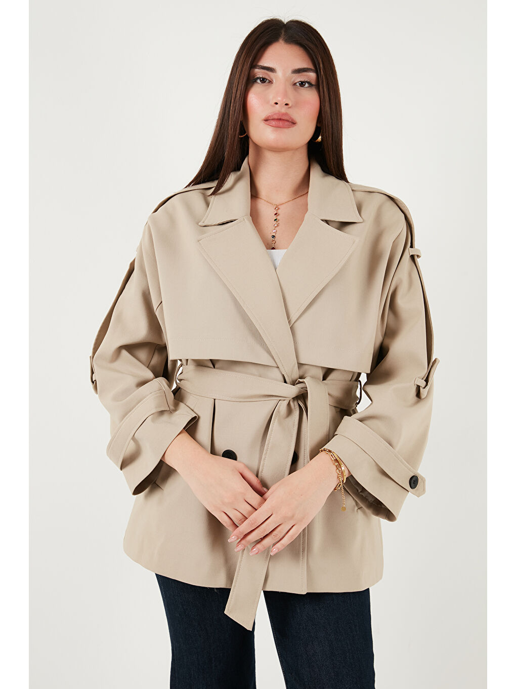 Kahverengi Relaxed Fit Kruvaze Yaka Düğmeli Astarlı Trençkot 6839580-3