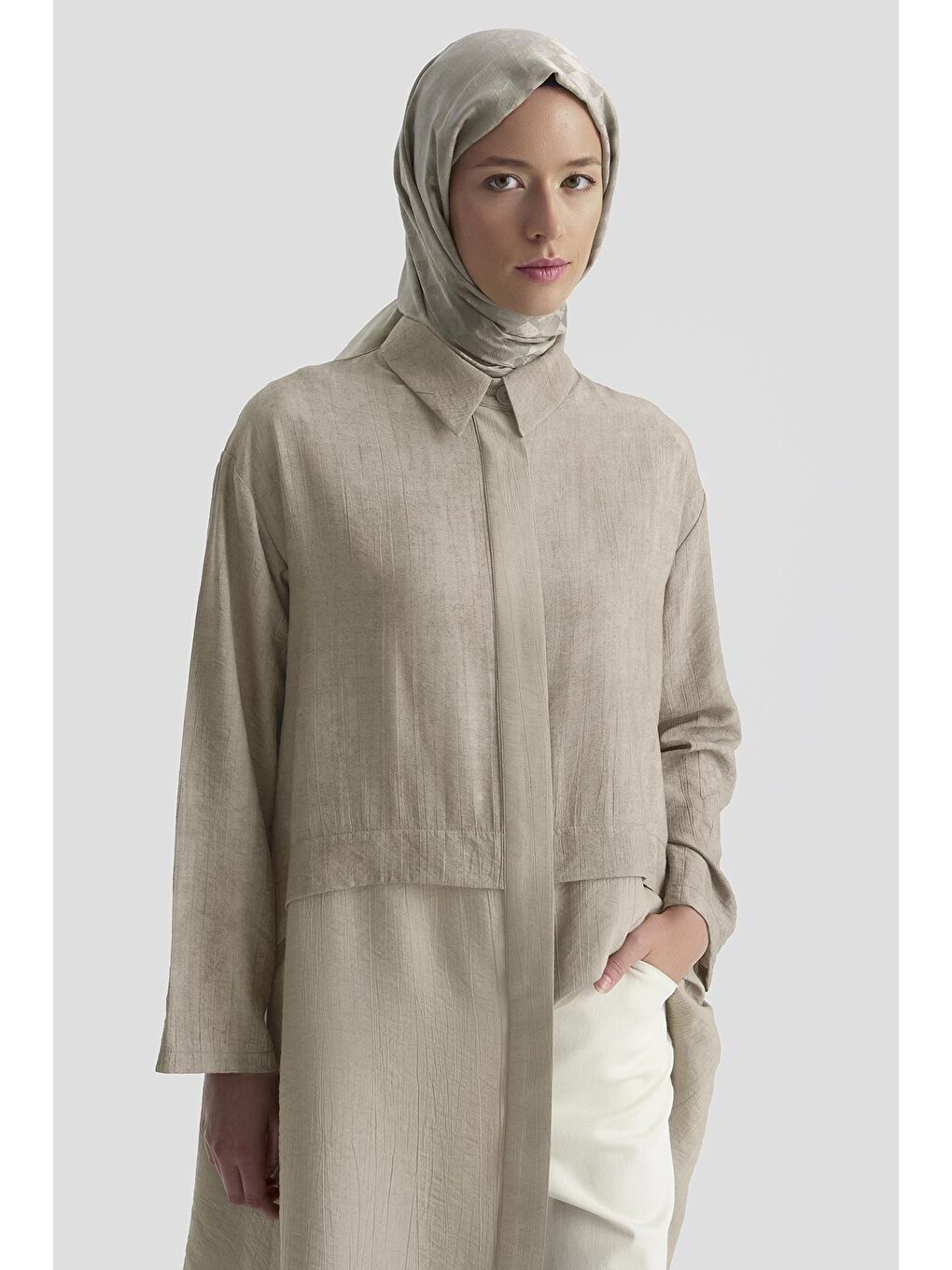 Bej Efektli Kumaş Mixli Tunik 25K4902 Vizon