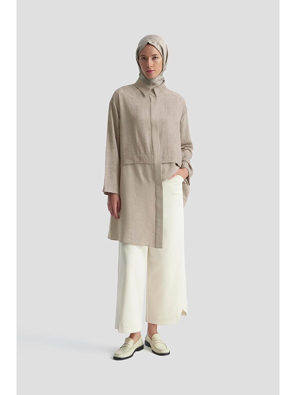 Bej Efektli Kumaş Mixli Tunik 25K4902 Vizon-1