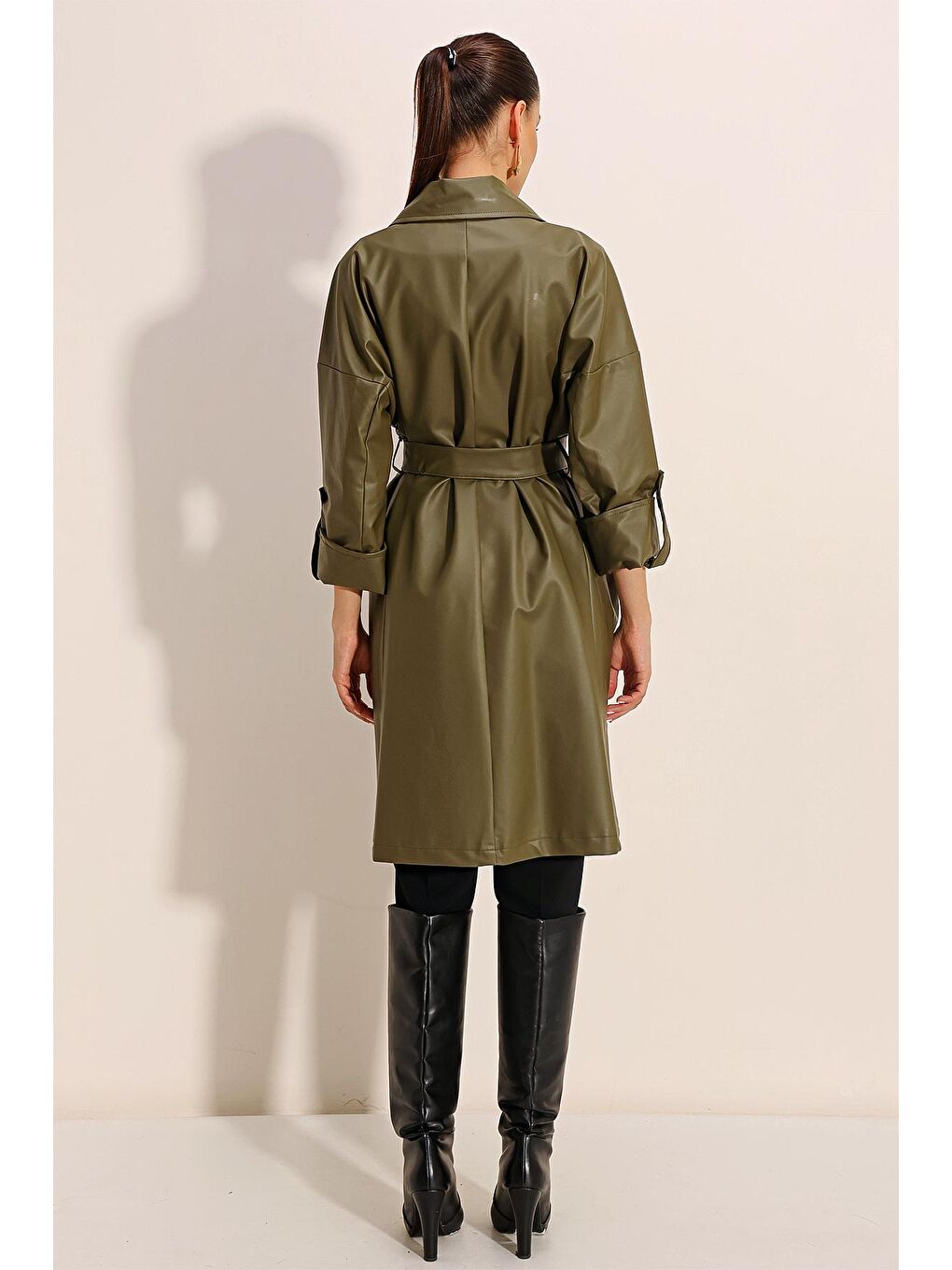 1034 Kuşaklı Suni Deri Trençkot - Haki-4