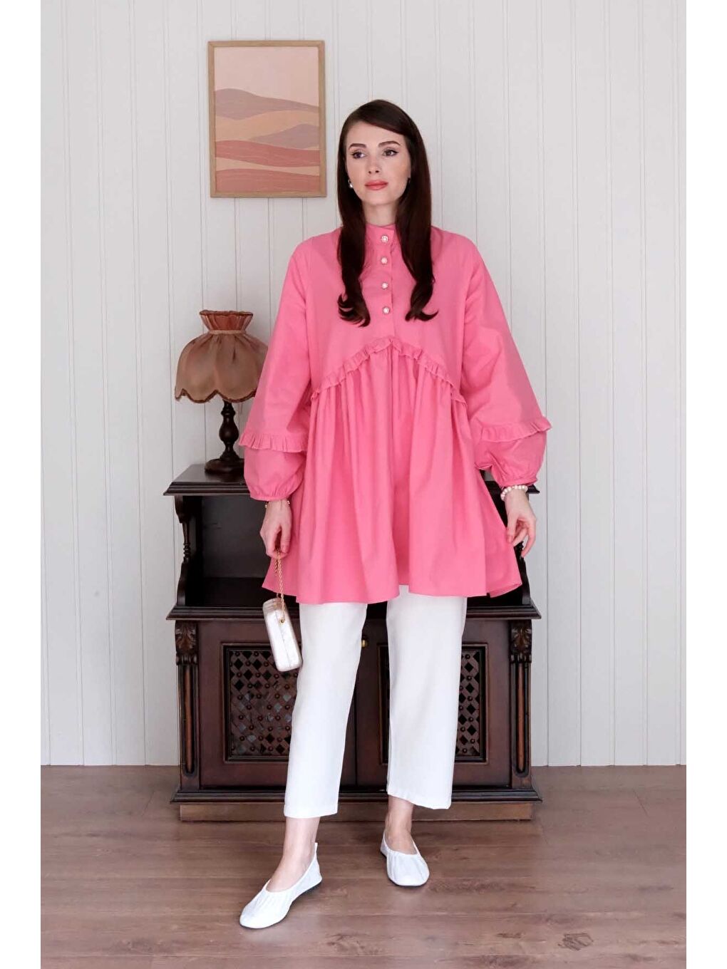 Şeker Pembesi İnci Detaylı Robalı Tunik Beyaz Boru Paça Pantolon Takım-1