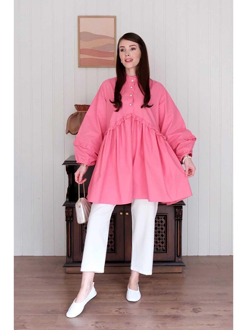 Şeker Pembesi İnci Detaylı Robalı Tunik Beyaz Boru Paça Pantolon Takım-2