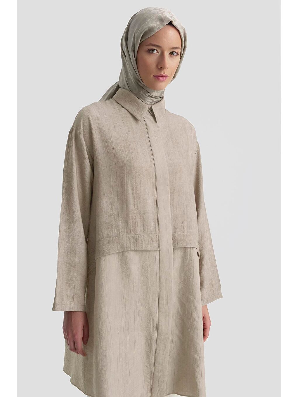 Bej Efektli Kumaş Mixli Tunik 25K4902 Vizon-3