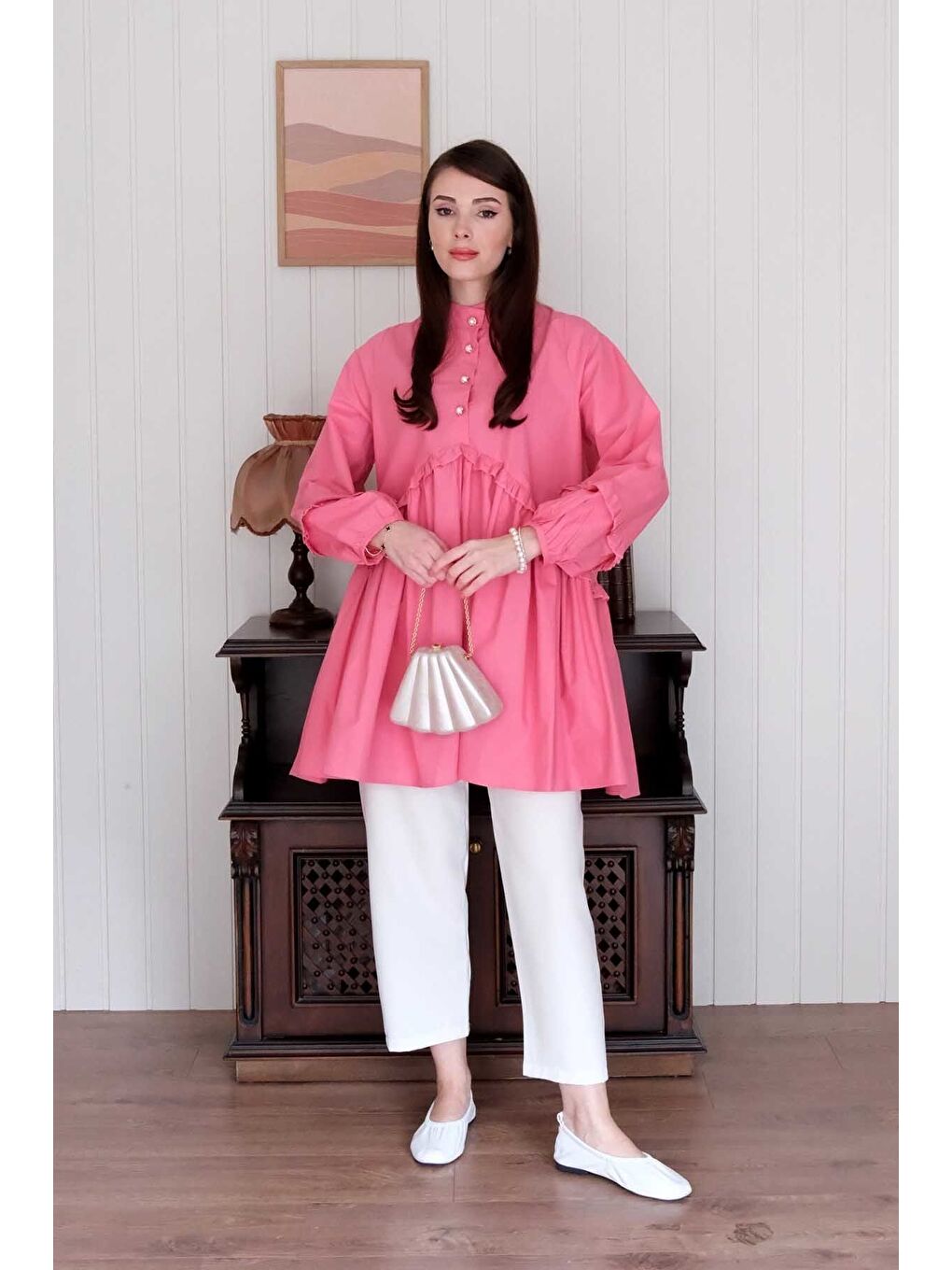 Şeker Pembesi İnci Detaylı Robalı Tunik Beyaz Boru Paça Pantolon Takım-3