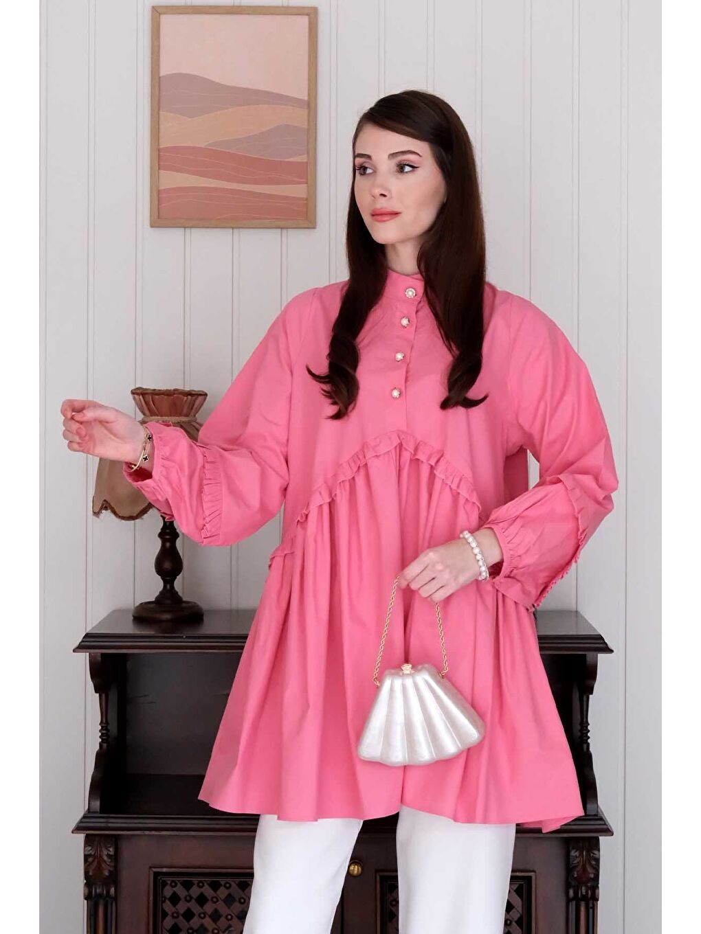 Şeker Pembesi İnci Detaylı Robalı Tunik Beyaz Boru Paça Pantolon Takım-4