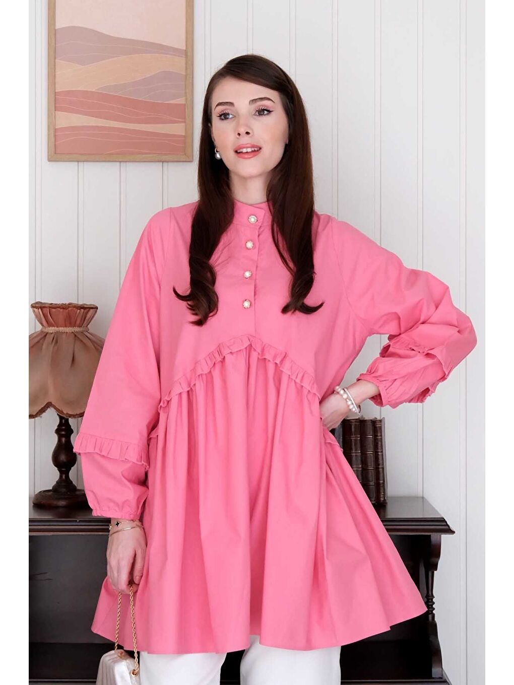 Şeker Pembesi İnci Detaylı Robalı Tunik Beyaz Boru Paça Pantolon Takım-6