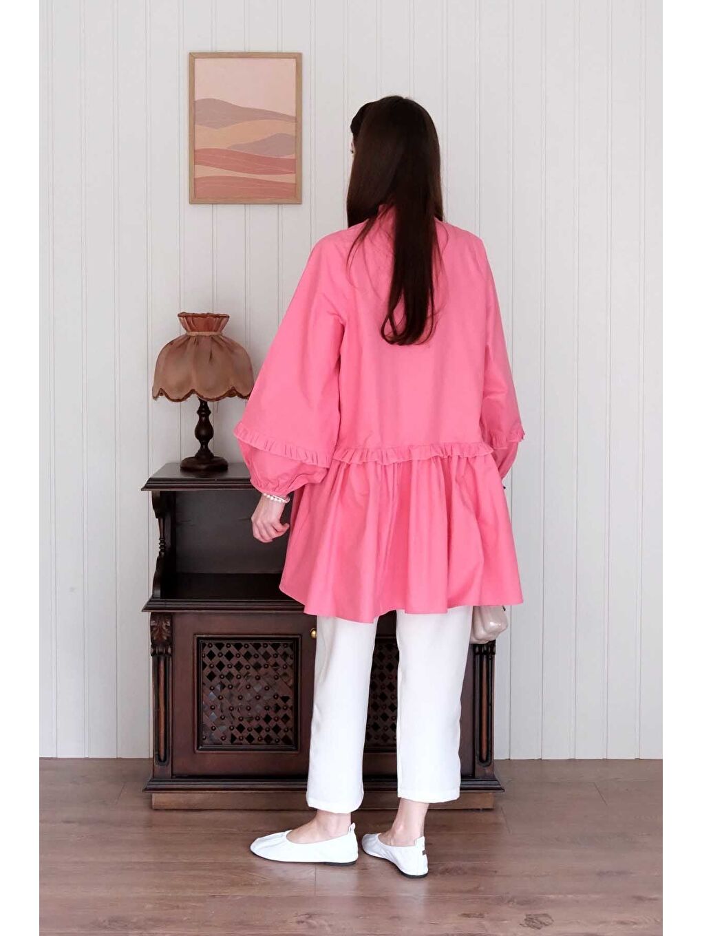 Şeker Pembesi İnci Detaylı Robalı Tunik Beyaz Boru Paça Pantolon Takım-7