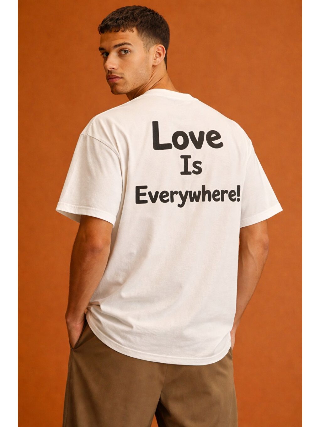 Beyaz Erkek Oversize Tişört "Love Is Everywhere" Baskılı Basic Pamuklu T-Shirt-2