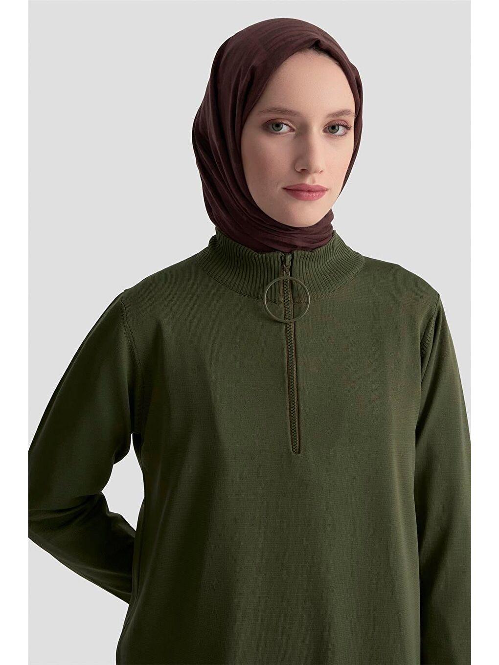 Fermuar Detaylı Triko Tunik 25Ktd4113 Haki-1
