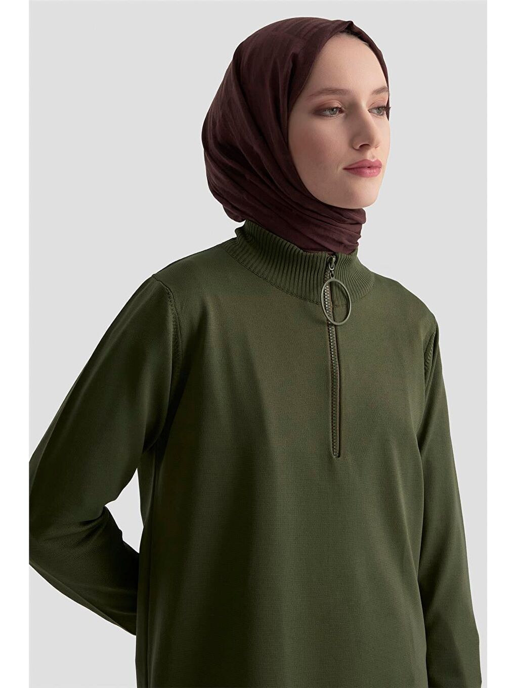 Fermuar Detaylı Triko Tunik 25Ktd4113 Haki-2