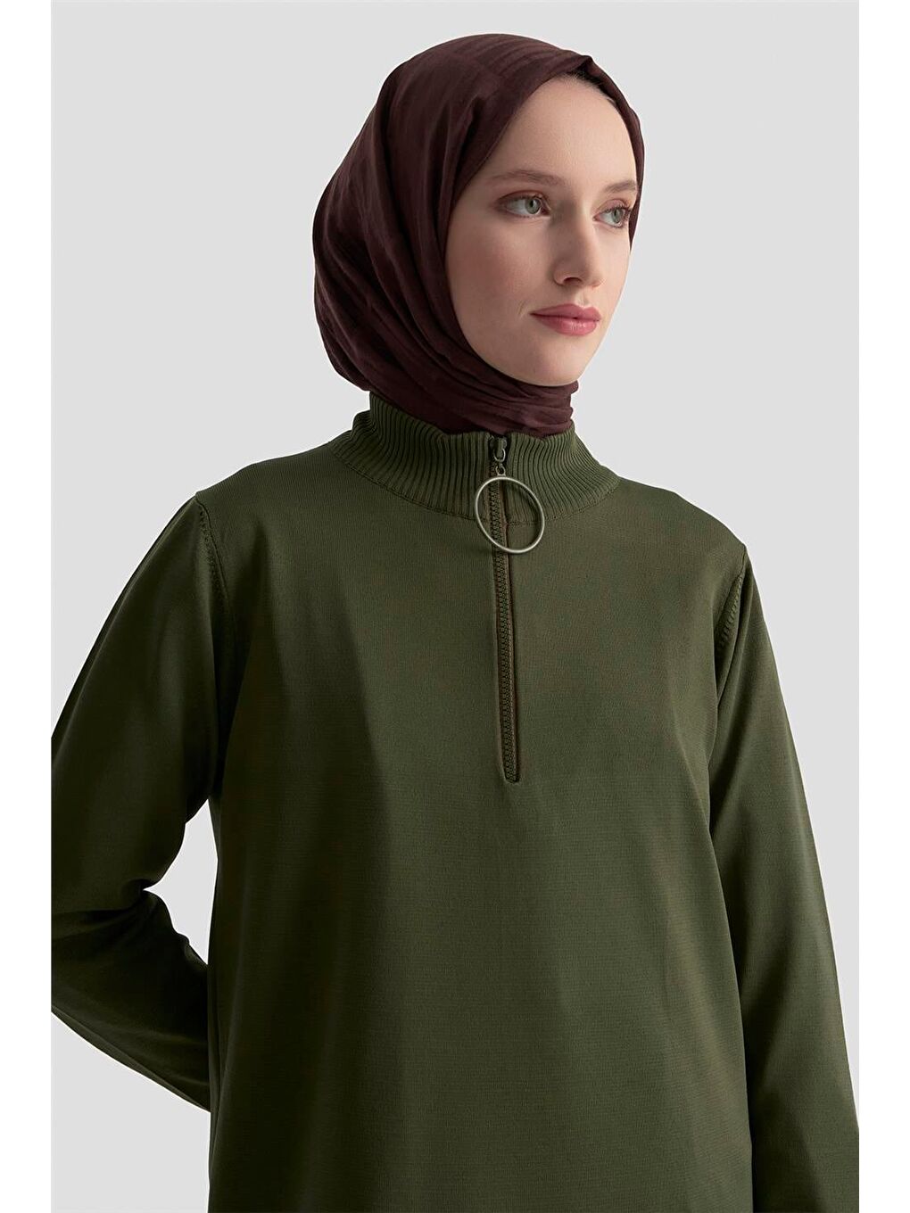 Fermuar Detaylı Triko Tunik 25Ktd4113 Haki-3