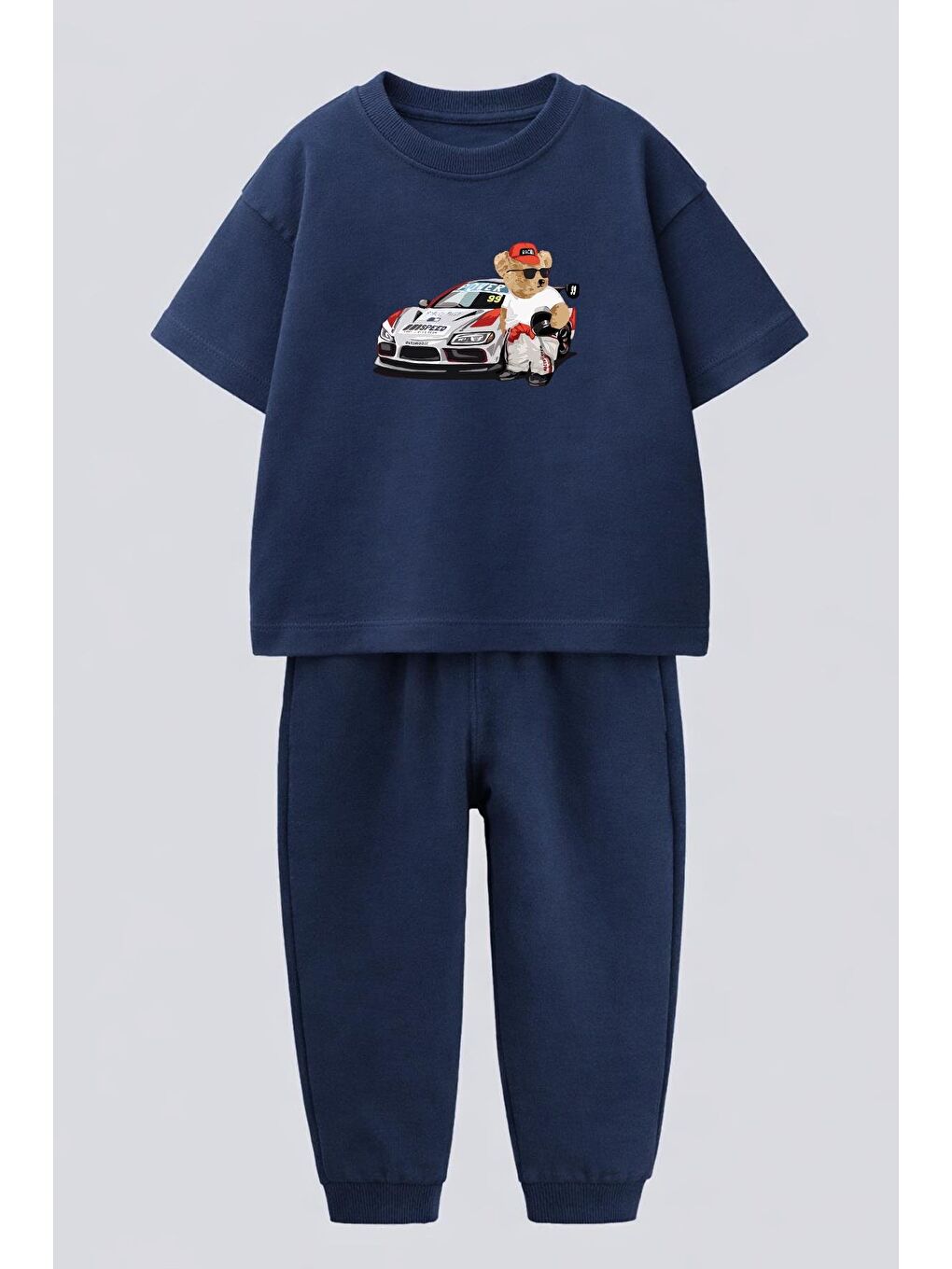 Lacivert Erkek Çocuk Pamuklu Araba Baskılı T-Shirt Ve Eşofman 2'Li Takım