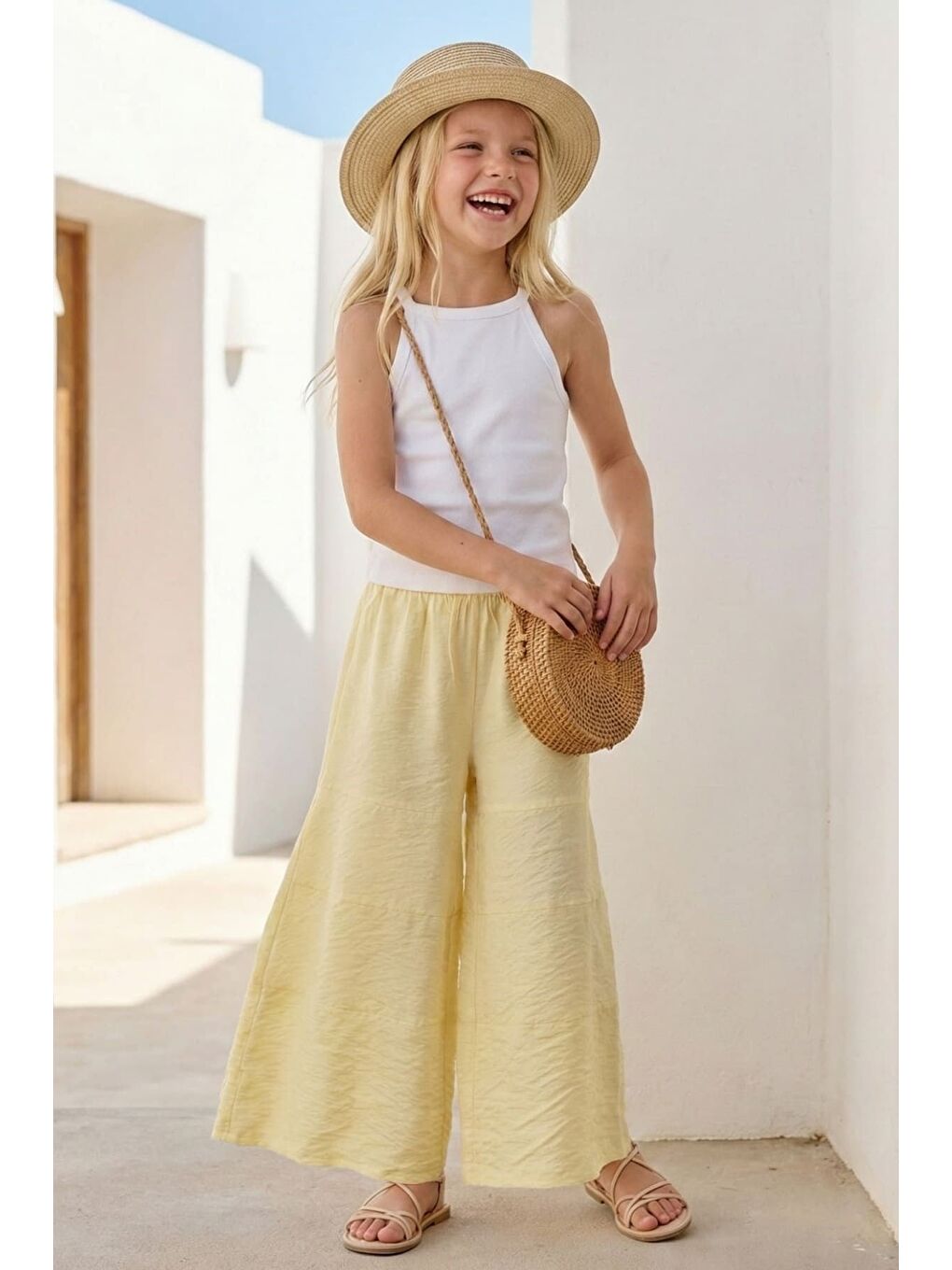 Kız Çocuk Volanlı Dokuma Pantolon - Sarı