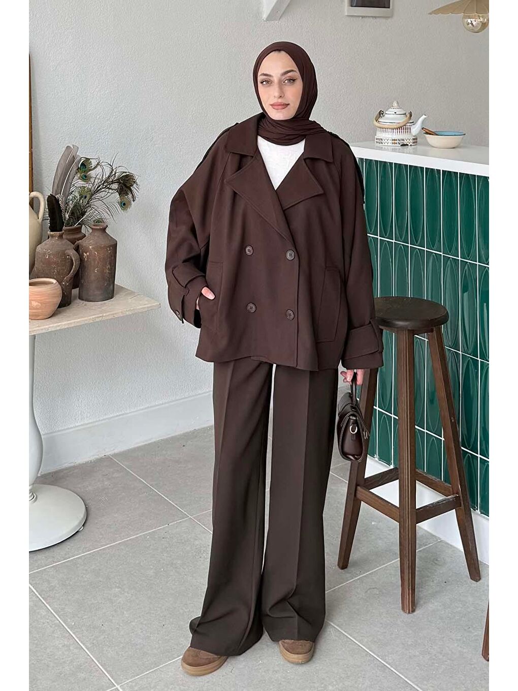 Kruvaze Kısa Tesettür Trençkot Acı Kahverengi