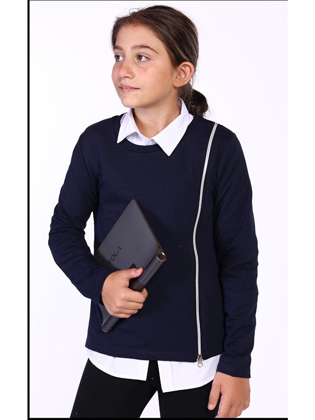 Lacivert Kız Çocuk Fermuar Detaylı Baskılı Sweatshirt