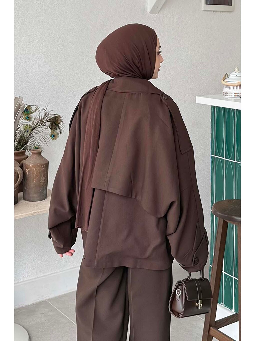 Kruvaze Kısa Tesettür Trençkot Acı Kahverengi-2