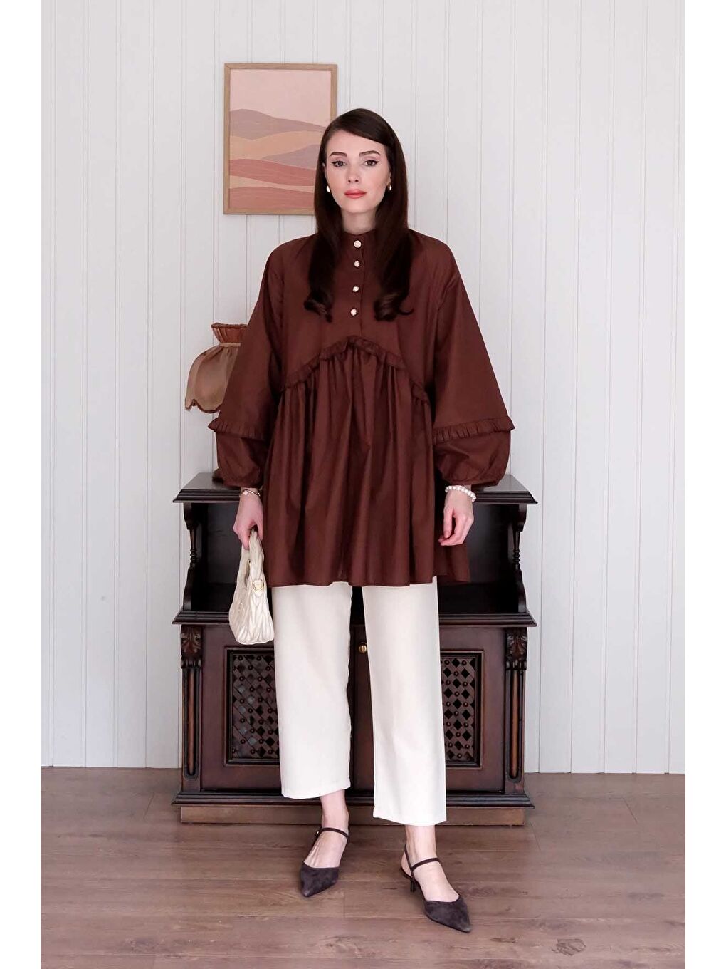 Kahverengi Acı Kahve İnci Detaylı Robalı Tunik Krem Boru Paça Pantolon Takım-2