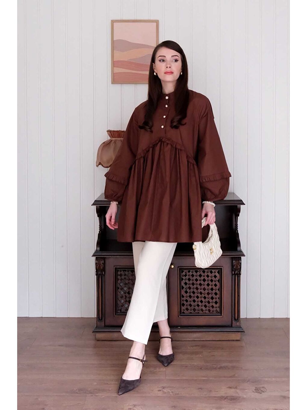 Kahverengi Acı Kahve İnci Detaylı Robalı Tunik Krem Boru Paça Pantolon Takım-3