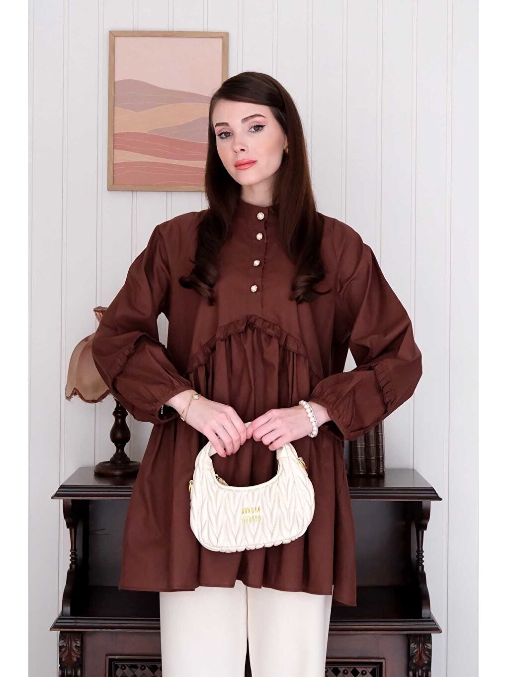 Kahverengi Acı Kahve İnci Detaylı Robalı Tunik Krem Boru Paça Pantolon Takım-4