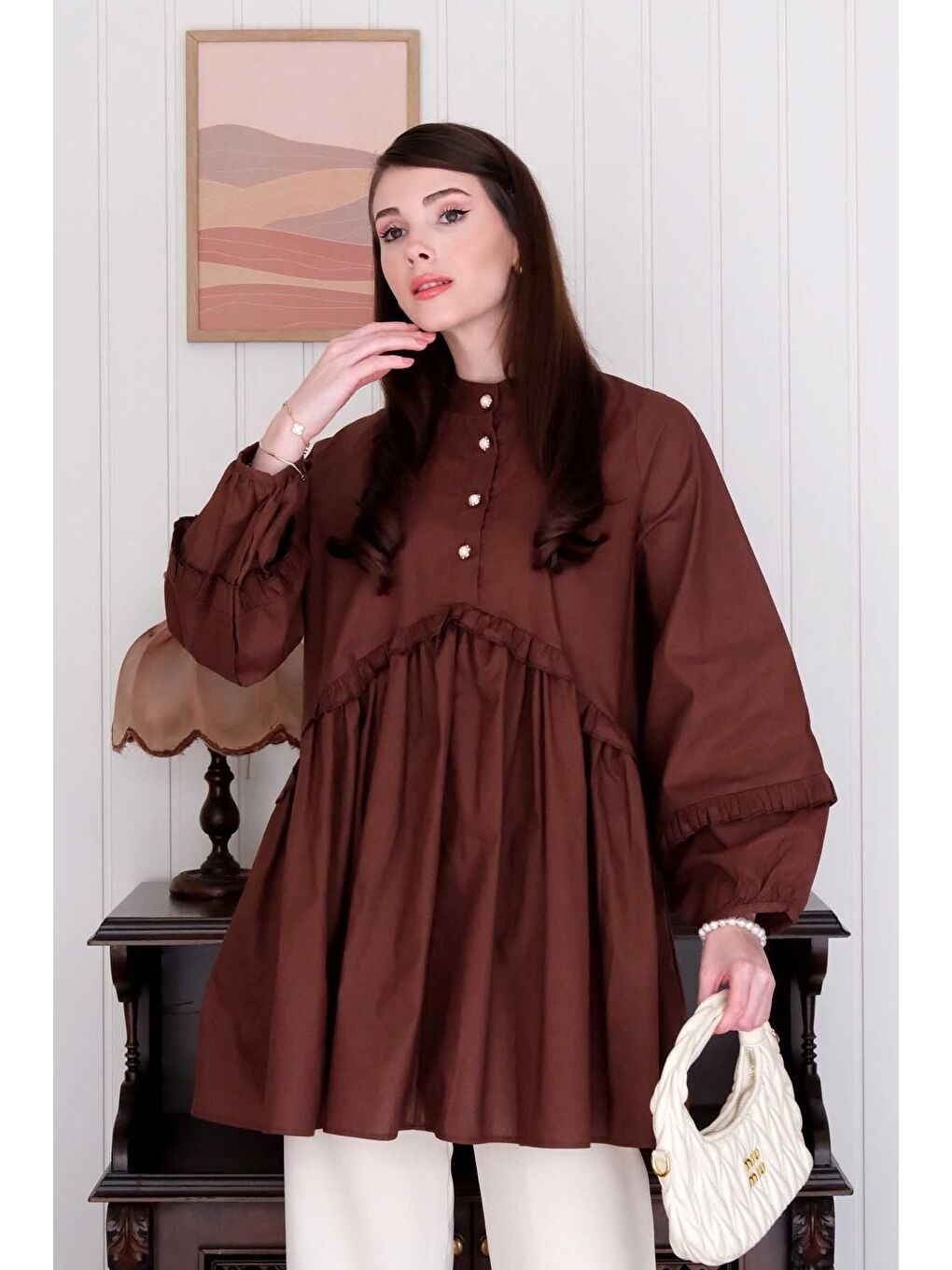 Kahverengi Acı Kahve İnci Detaylı Robalı Tunik Krem Boru Paça Pantolon Takım-5