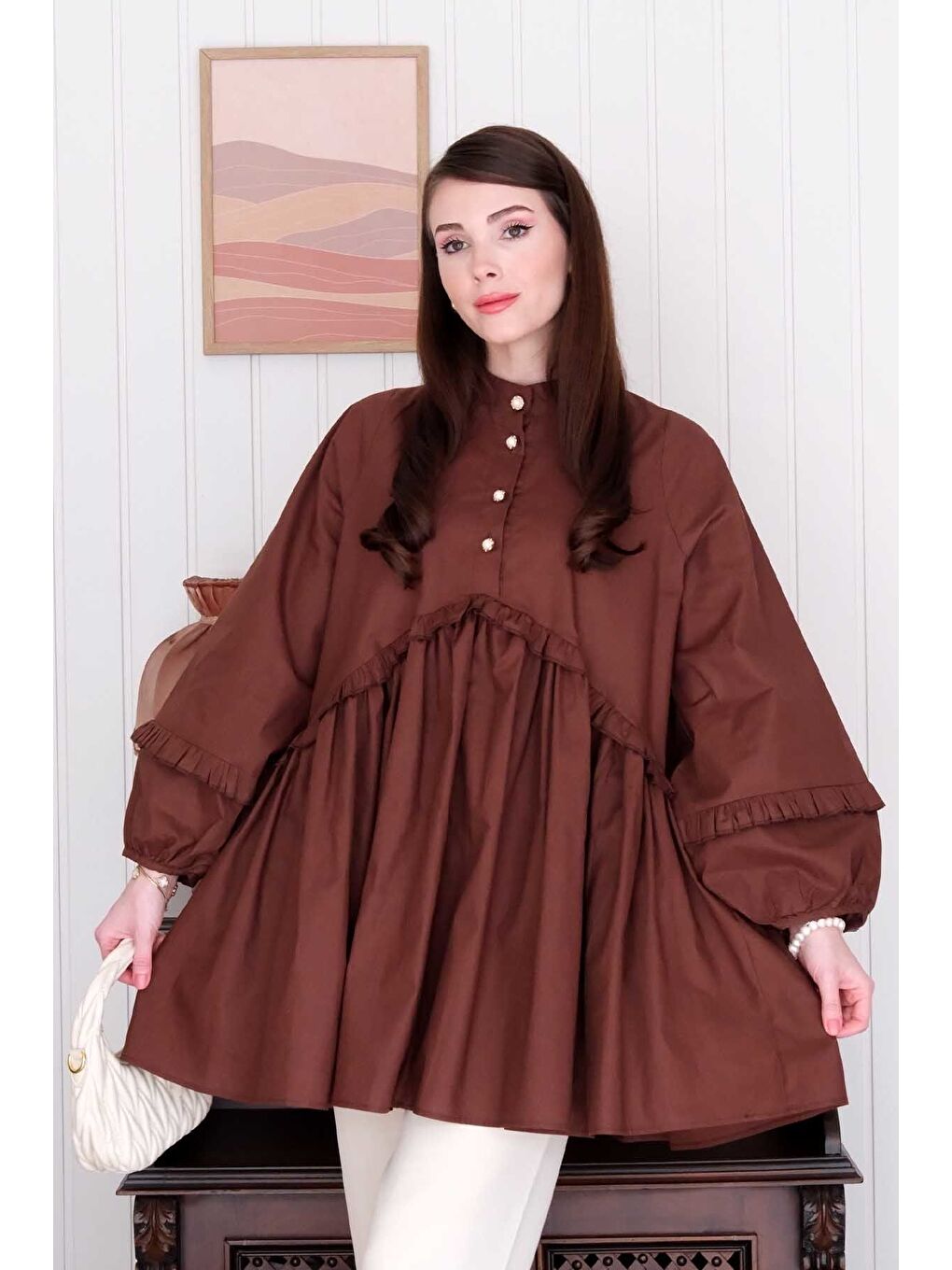 Kahverengi Acı Kahve İnci Detaylı Robalı Tunik Krem Boru Paça Pantolon Takım-7