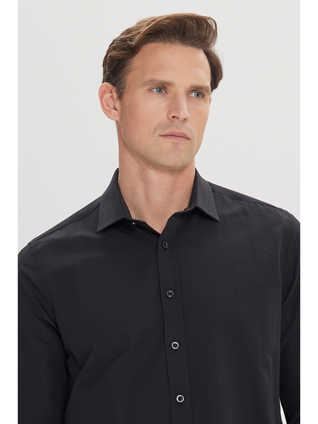 Erkek Siyah Slim Fit Dar Kesim Klasik Yaka Pamuklu Armürlü Gömlek-4