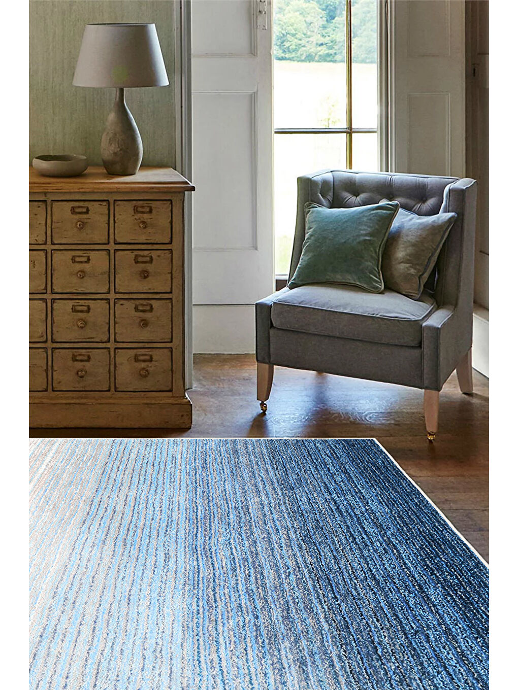 Mavi Dekoratif Özel Tasarım Yıkanabilir İnce Kaymaz Tabanlı Modern Halı KECE FR08-1