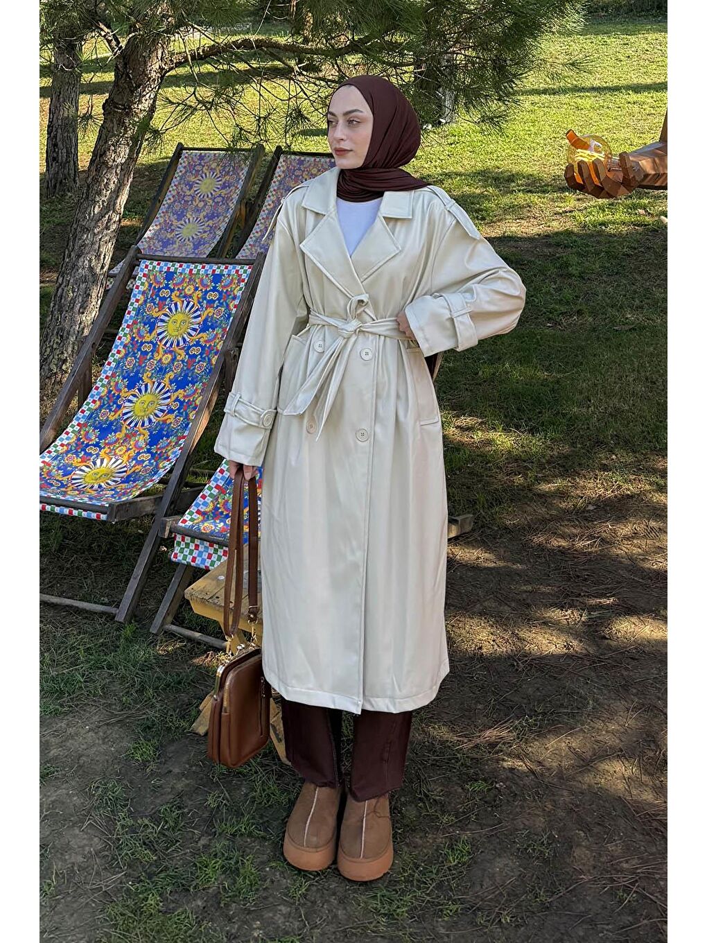 Ekru Omuz Apoletli Deri Trençkot Krem