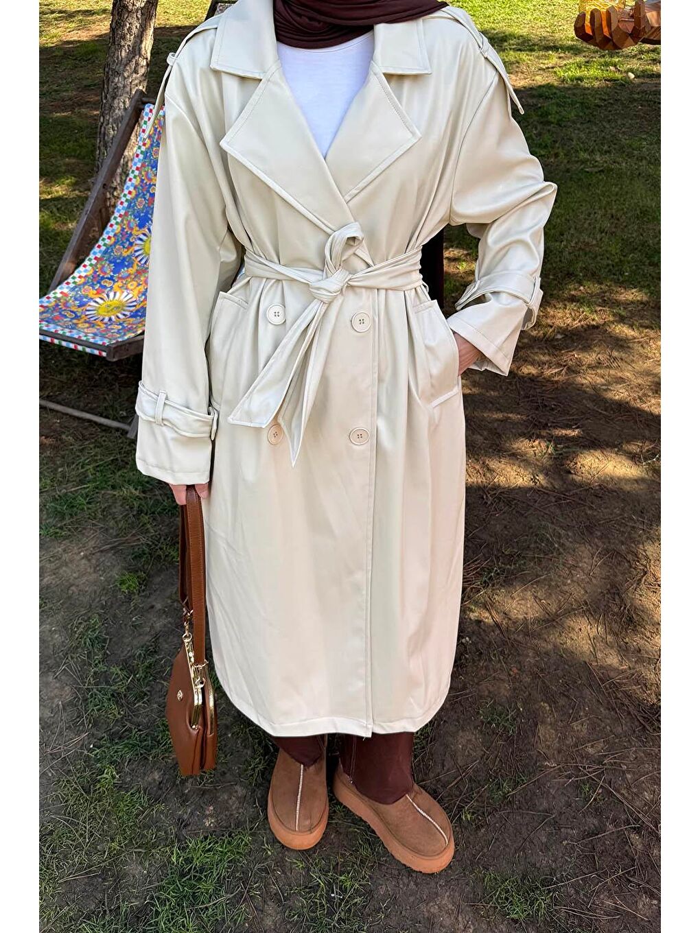 Ekru Omuz Apoletli Deri Trençkot Krem-2