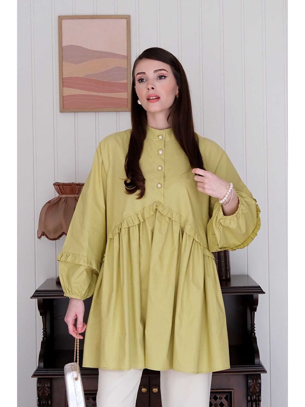 Soft Yeşil İnci Detaylı Robalı Tunik Krem Boru Paça Pantolon Takım-2