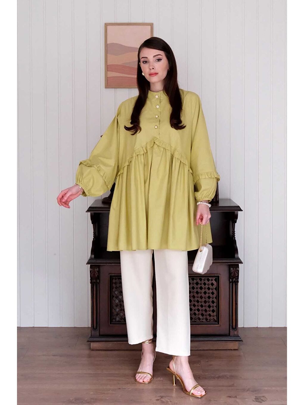 Soft Yeşil İnci Detaylı Robalı Tunik Krem Boru Paça Pantolon Takım-3