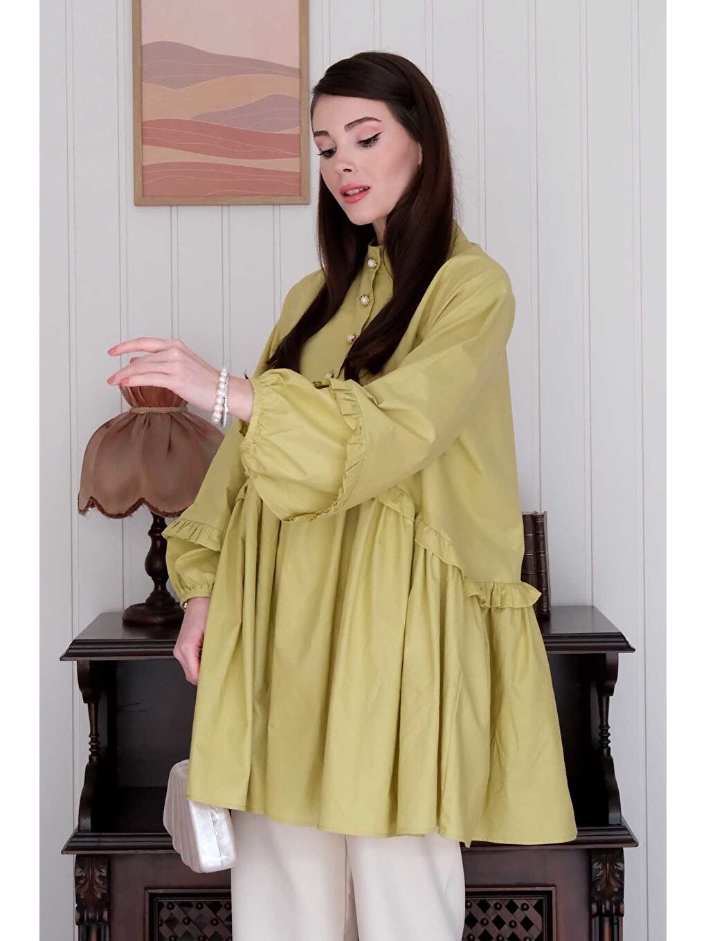 Soft Yeşil İnci Detaylı Robalı Tunik Krem Boru Paça Pantolon Takım-4