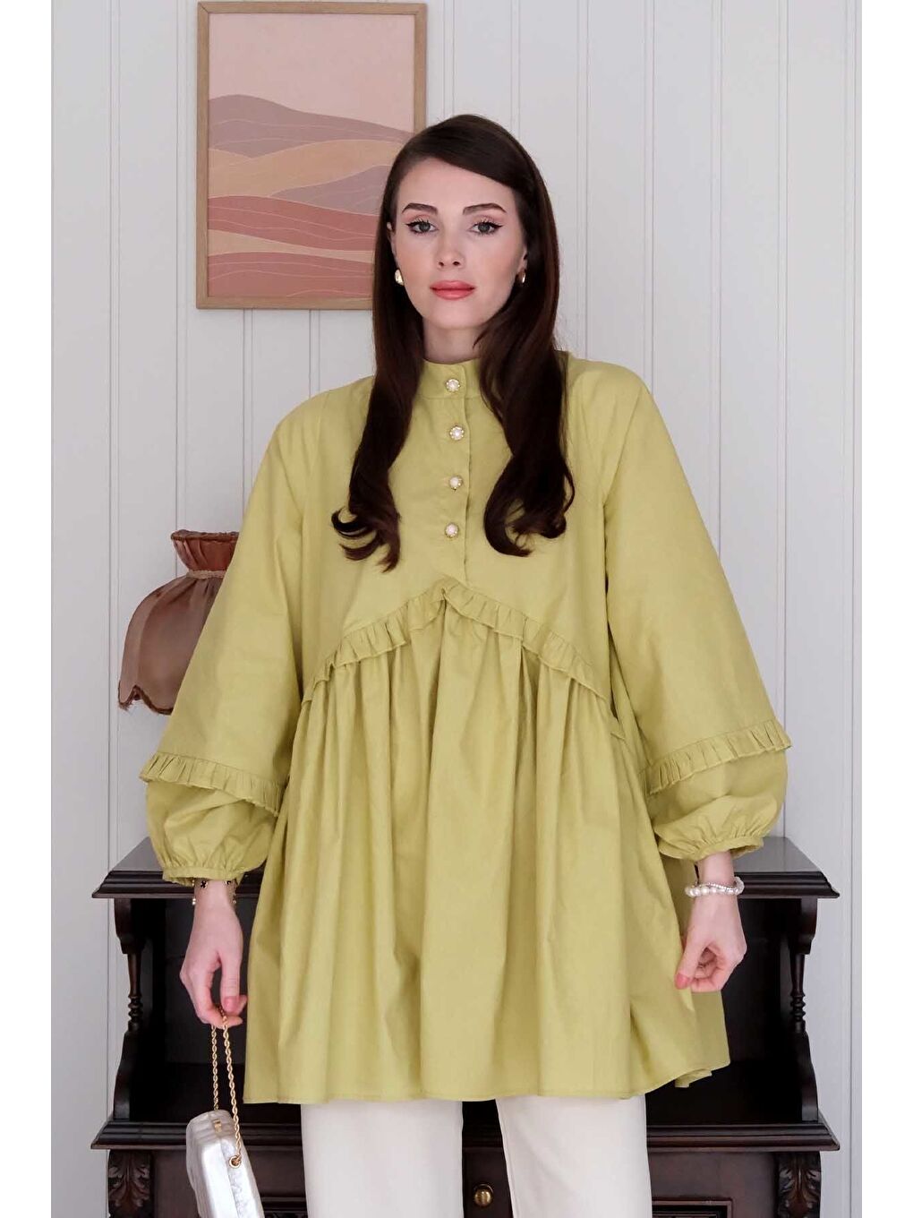 Soft Yeşil İnci Detaylı Robalı Tunik Krem Boru Paça Pantolon Takım-5