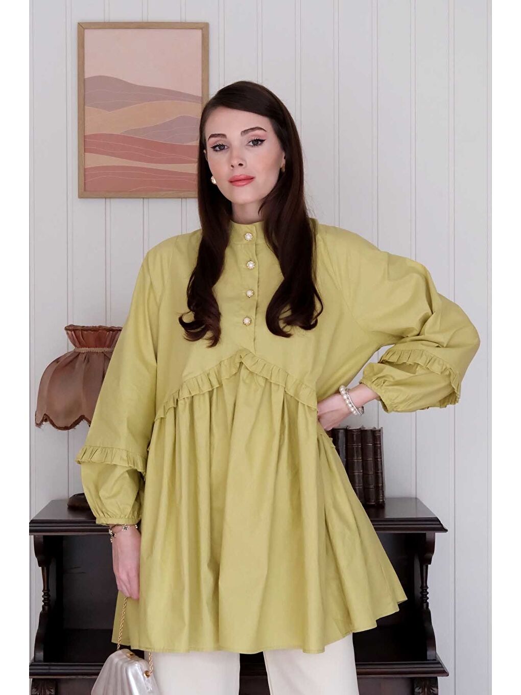 Soft Yeşil İnci Detaylı Robalı Tunik Krem Boru Paça Pantolon Takım-6