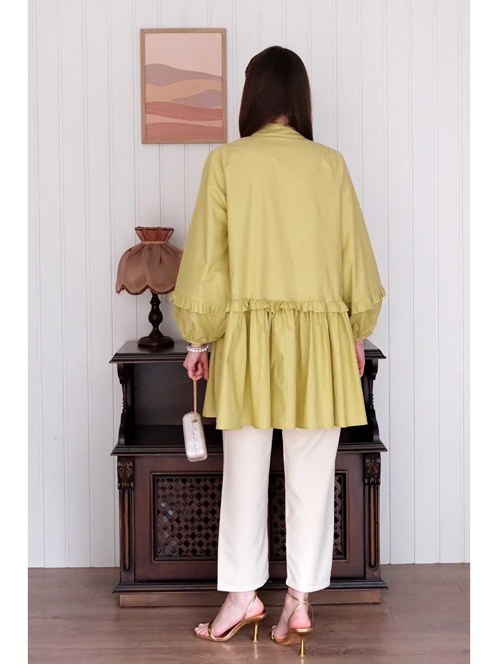 Soft Yeşil İnci Detaylı Robalı Tunik Krem Boru Paça Pantolon Takım-7