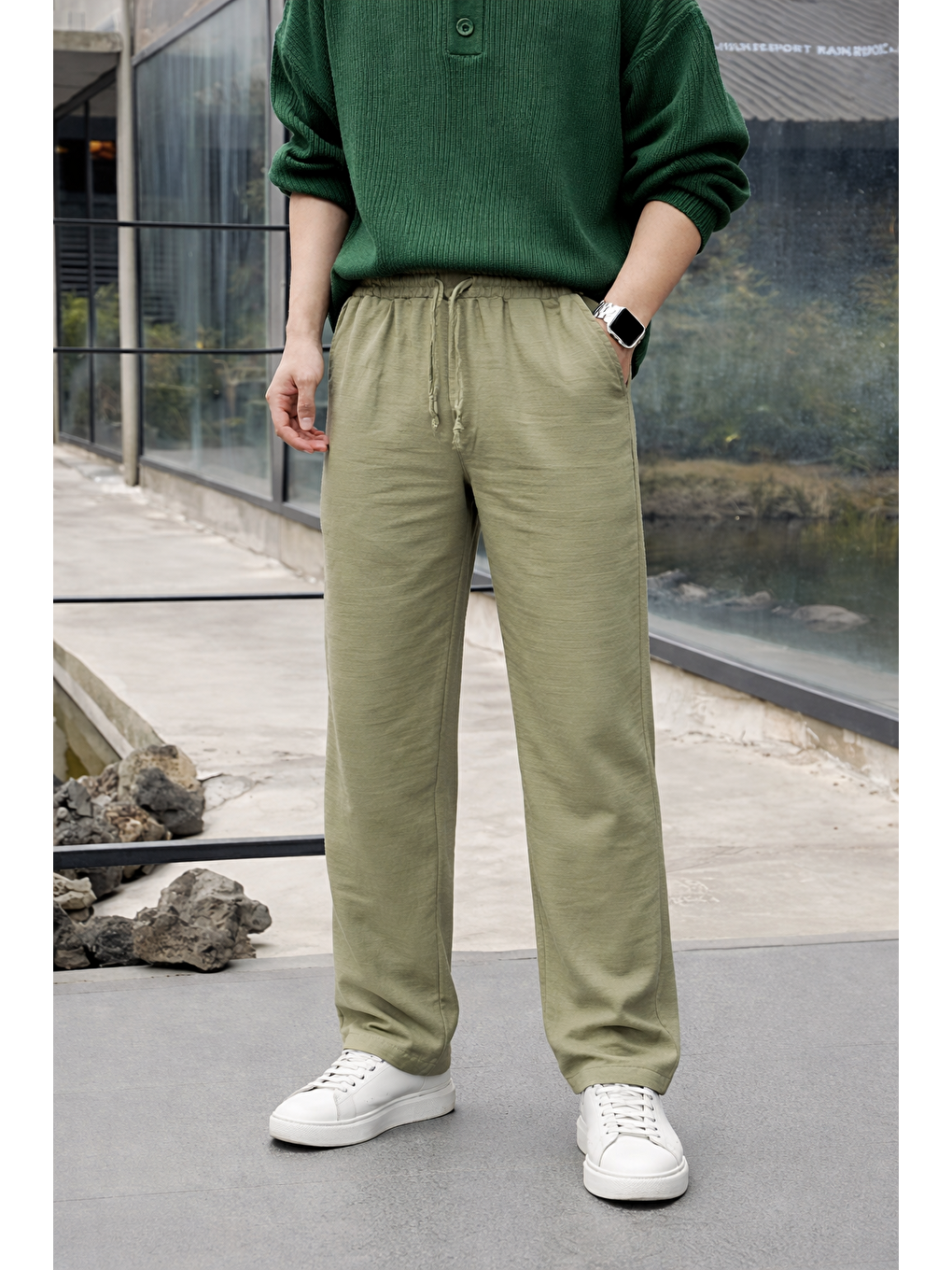 Erkek Lastikli Trend Basic Bol Yeşil Keten Pantolon