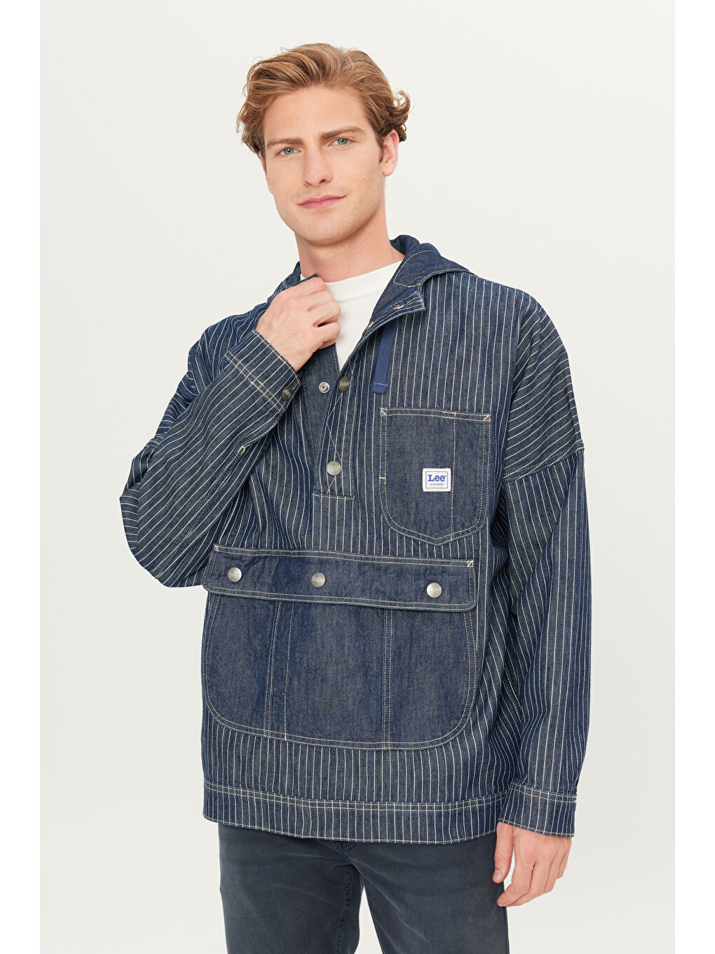 %100 Pamuk Relaxed Fit Geniş Kesim Kapüşonlu Koyu Mavi Denim Jean Ceket