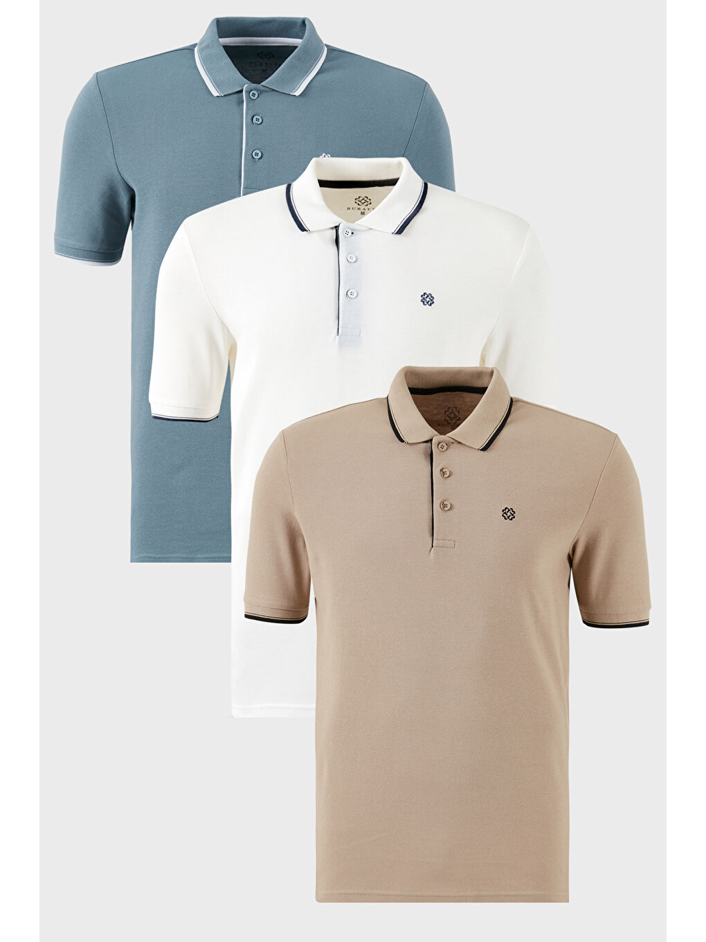 Bej Pamuklu Slim Fit Şerit Detaylı Düğmeli Polo Yaka 3'lü Paket %100 Pamuk Tişört 5902118S3