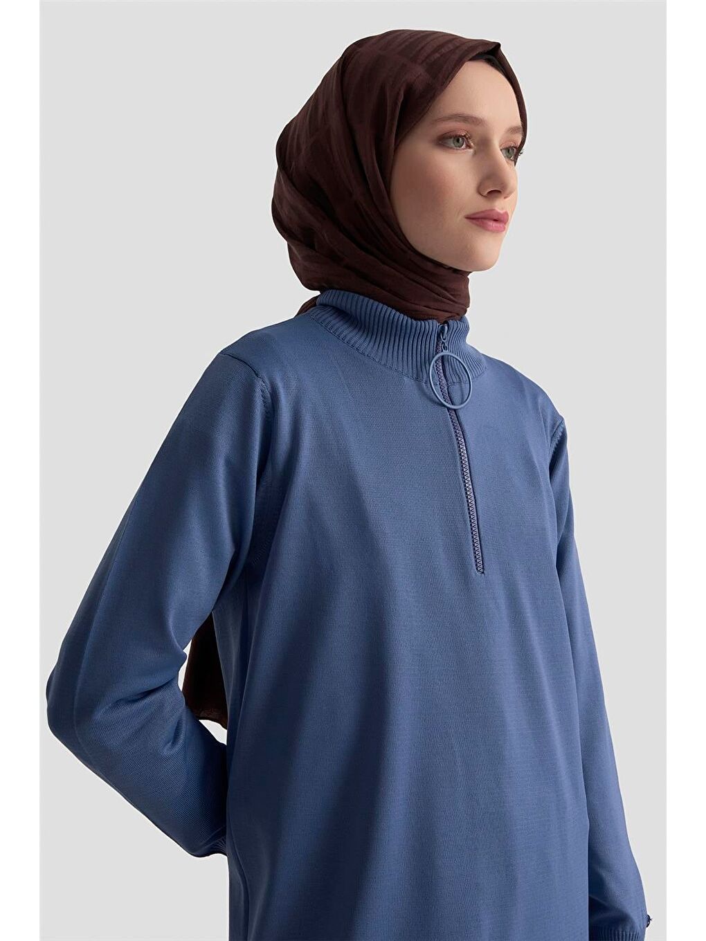 Fermuar Detaylı Triko Tunik 25Ktd4113 İndigo
