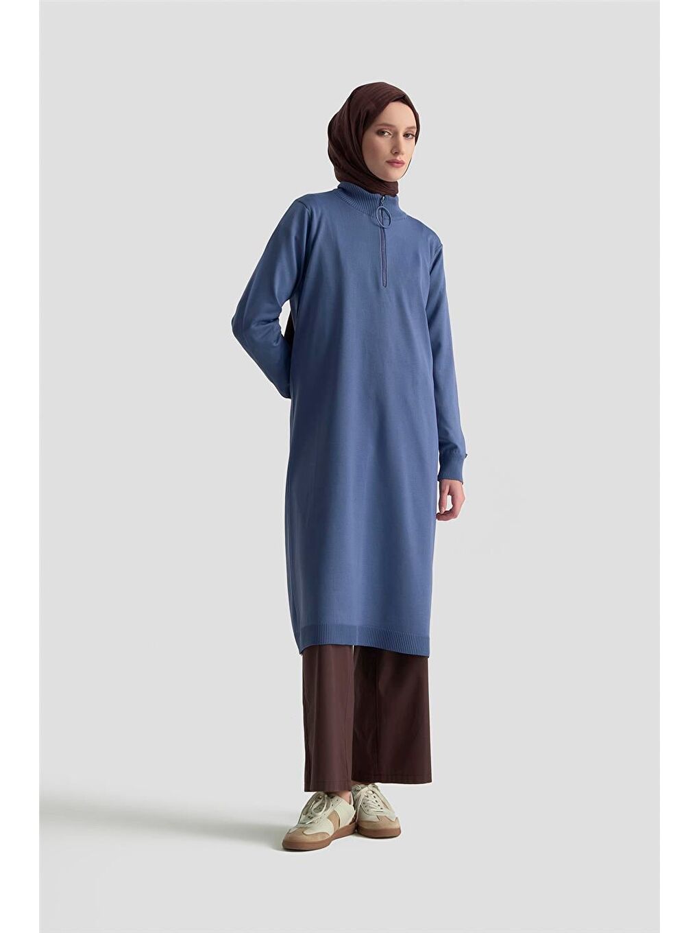 Fermuar Detaylı Triko Tunik 25Ktd4113 İndigo-1