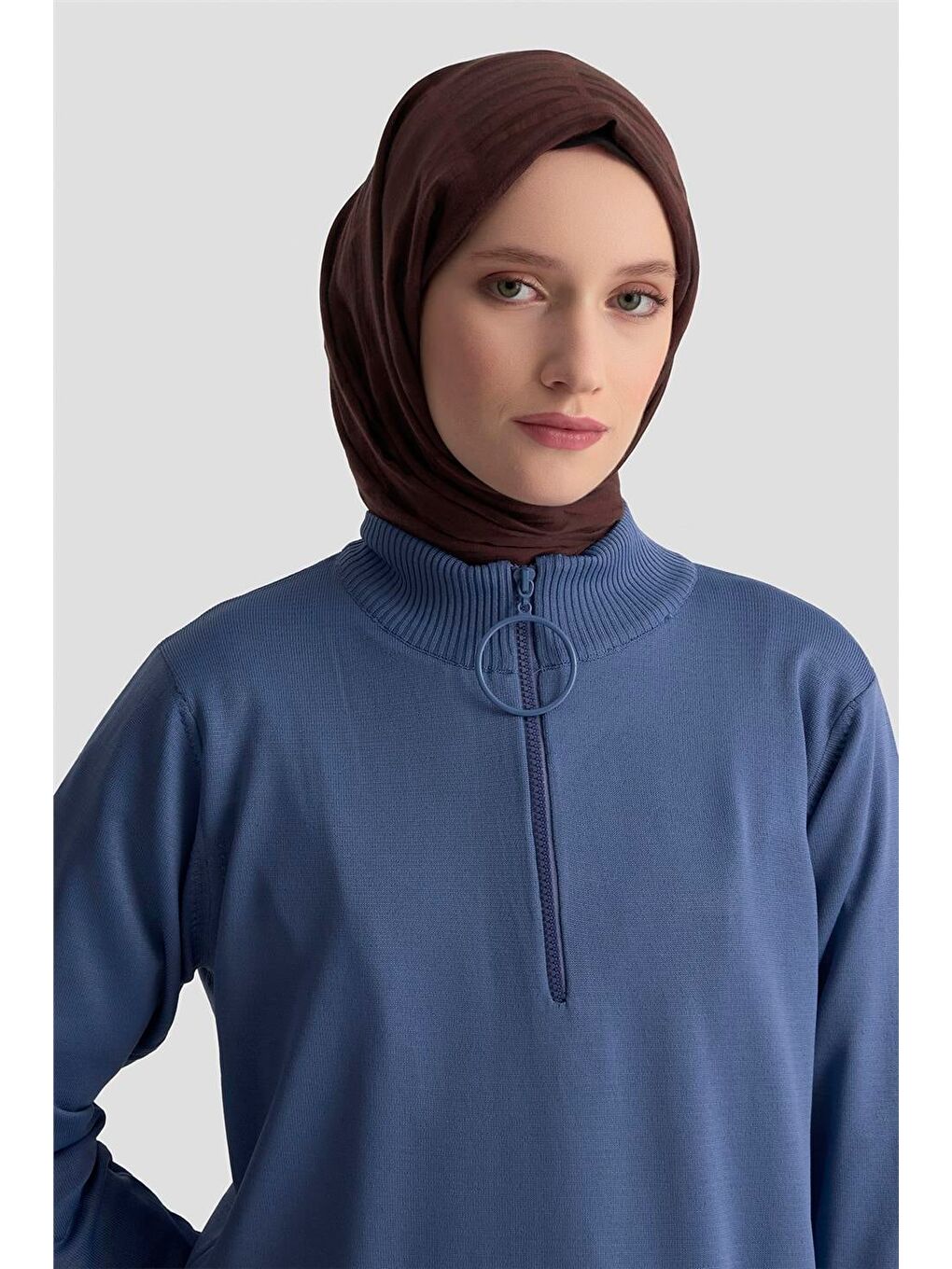 Fermuar Detaylı Triko Tunik 25Ktd4113 İndigo-2