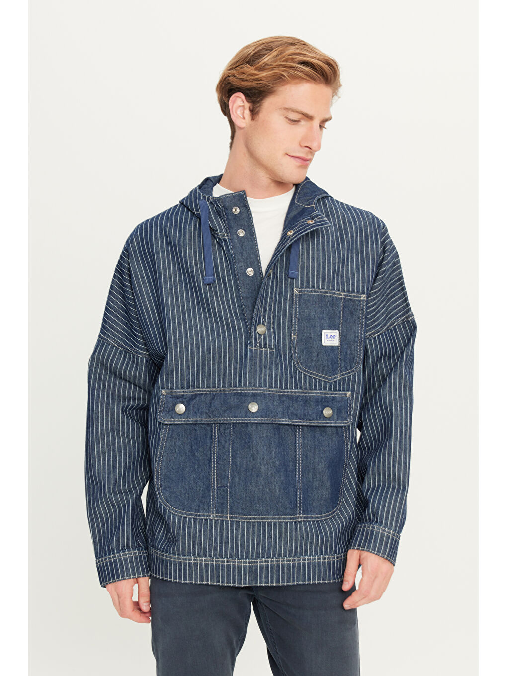 %100 Pamuk Relaxed Fit Geniş Kesim Kapüşonlu Koyu Mavi Denim Jean Ceket-1