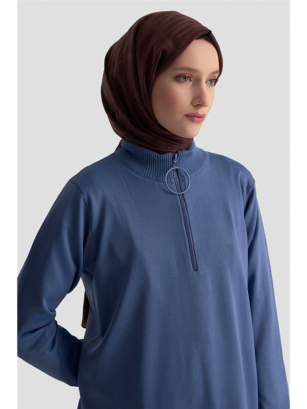 Fermuar Detaylı Triko Tunik 25Ktd4113 İndigo-3