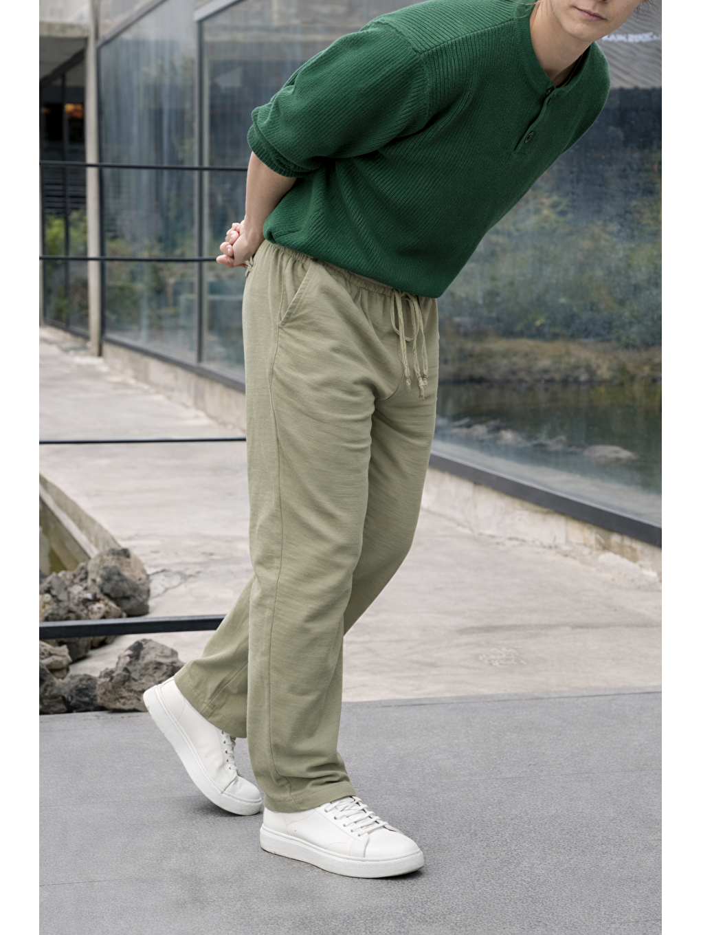 Erkek Lastikli Trend Basic Bol Yeşil Keten Pantolon-1