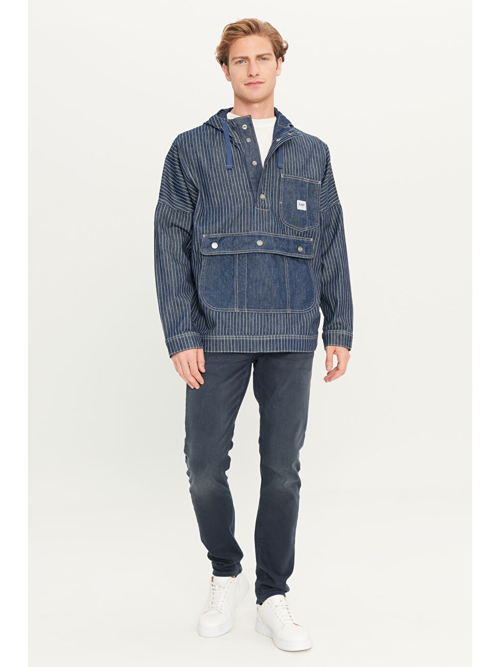 %100 Pamuk Relaxed Fit Geniş Kesim Kapüşonlu Koyu Mavi Denim Jean Ceket-2