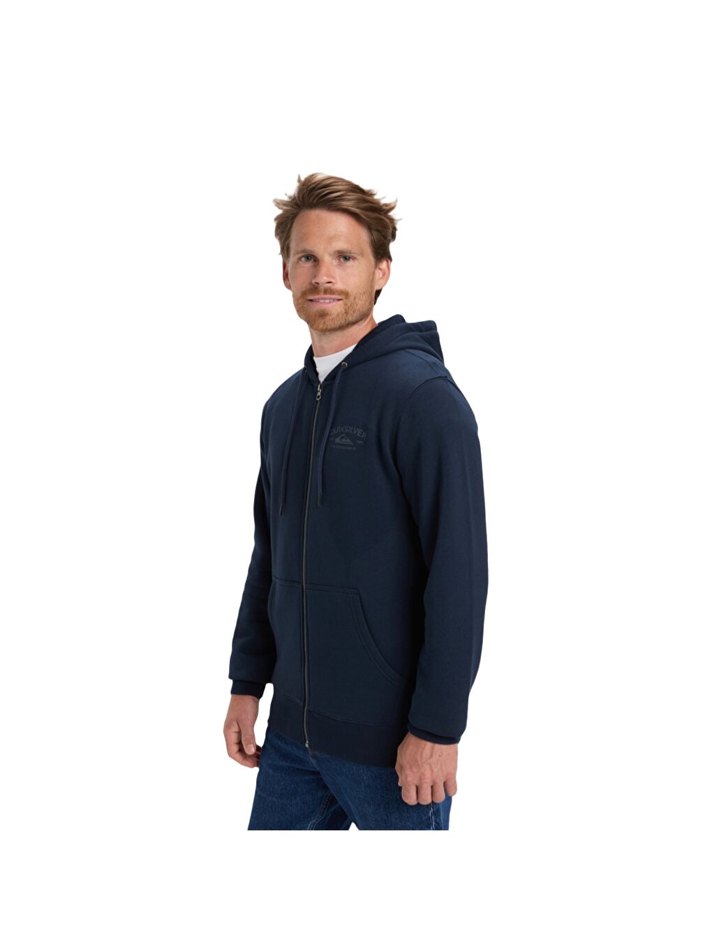 Lacivert Zip Hood Chest Logo Erkek Mavi Fermuarlı Sweatshirt-1