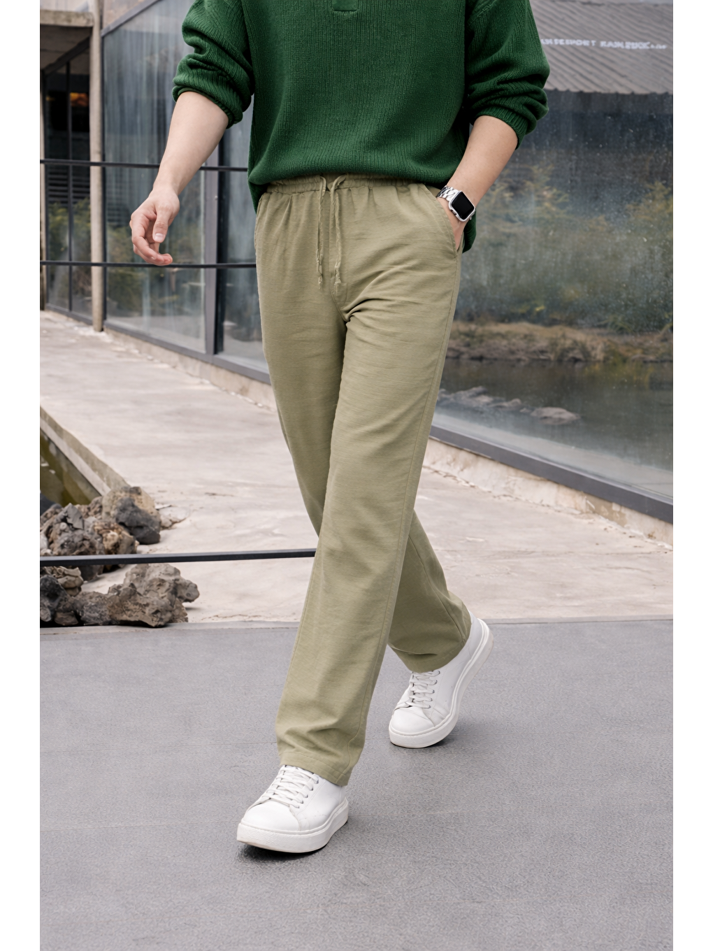 Erkek Lastikli Trend Basic Bol Yeşil Keten Pantolon-2